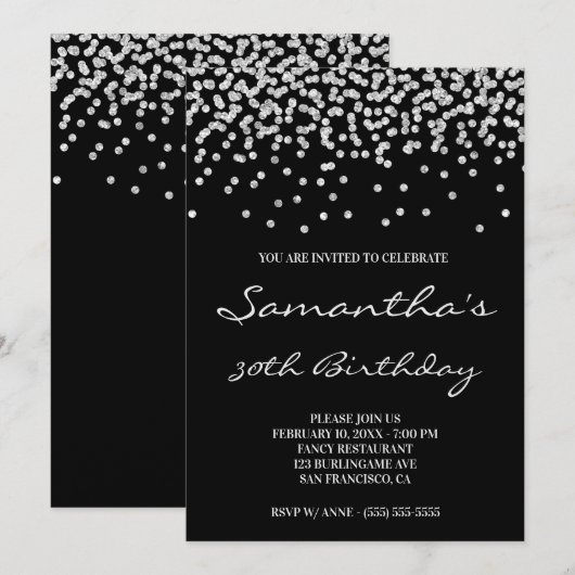 Bleek zilver Glitter Confetti Black Kaart (Voorkant / Achterkant)