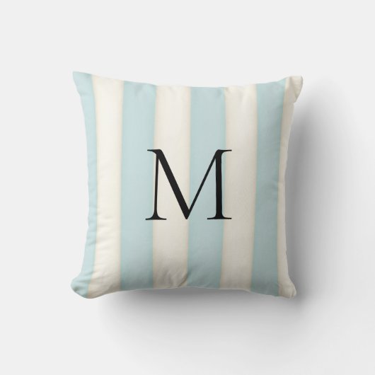 Bleekblauw & Antiek Witte Strepen Monogram Kussen (Voorkant)