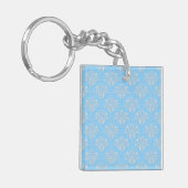 Bleekblauw en wit bloemendamaskpatroon sleutelhanger (Voorkant Links)