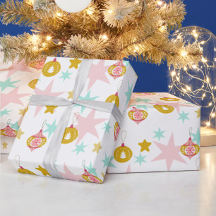 Bleekblauw, Roze en Goud Vintage Retro Kerstmis Cadeaupapier