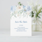 Bleekblauwe bloem foto save the date (Staand voorkant)