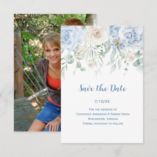 Bleekblauwe bloem foto save the date (Voorkant / Achterkant)