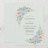 Bleekblauwe Bloemige Romantische Bruiloft Kaart (Voorkant / Achterkant)