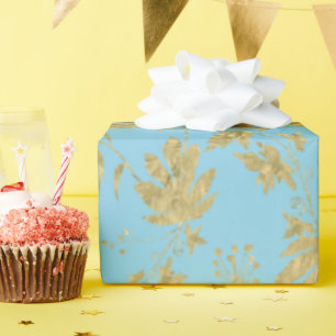 Bleekblauwe en goudkleurige planten en bladeren cadeaupapier