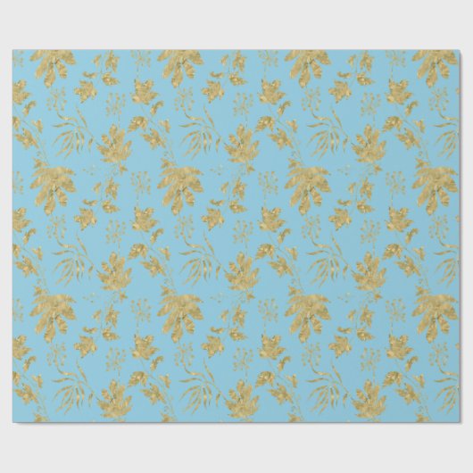 Bleekblauwe en goudkleurige planten en bladeren cadeaupapier (Vlak)