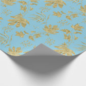 Bleekblauwe en goudkleurige planten en bladeren cadeaupapier (Hoek)
