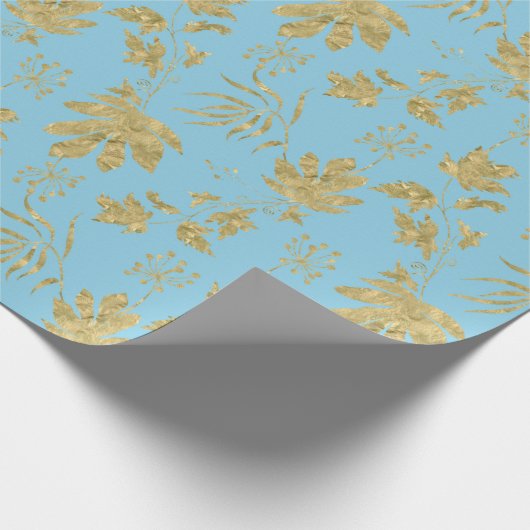 Bleekblauwe en goudkleurige planten en bladeren cadeaupapier (Hoek)