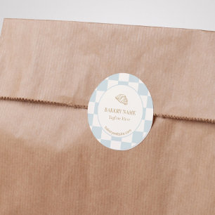 Bleekblauwe Geruite Cafe Croissant Bakkerij Ronde Sticker