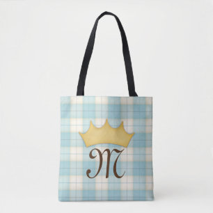 Bleekblauwe geruite tartan monogram prinses tote bag