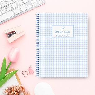 Bleekblauwe Gingham Grandmillennial Monogramnaam Notitieboek