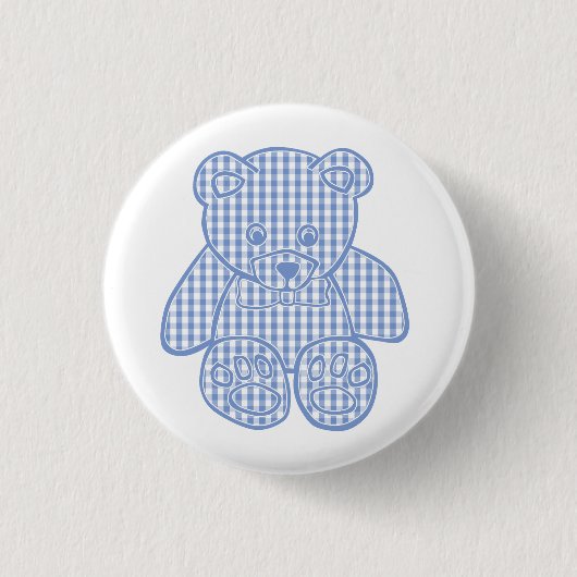 Bleekblauwe Pastel Gingham Teddibeer Ronde Button 3,2 Cm (Voorkant)