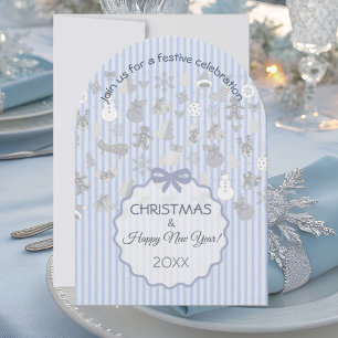 Bleekblauwe Pastel Streep Whimsical Kerst Zilver Kaart