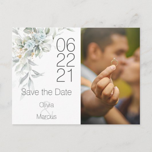 Bleekblauwe Roos Waterverf Foto Save the Date Briefkaart (Voorkant)