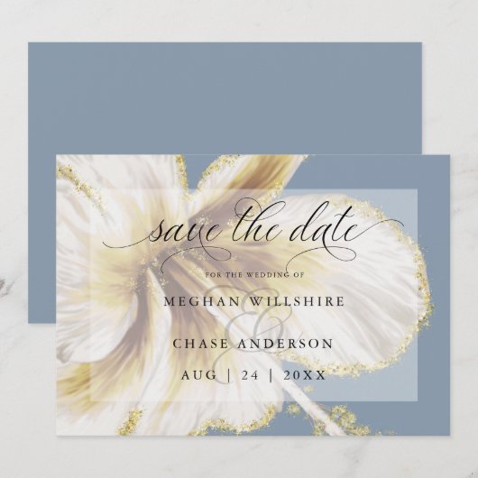 Bleekgele en ivoorkleurige tropische bloem waterve save the date (Voorkant / Achterkant)