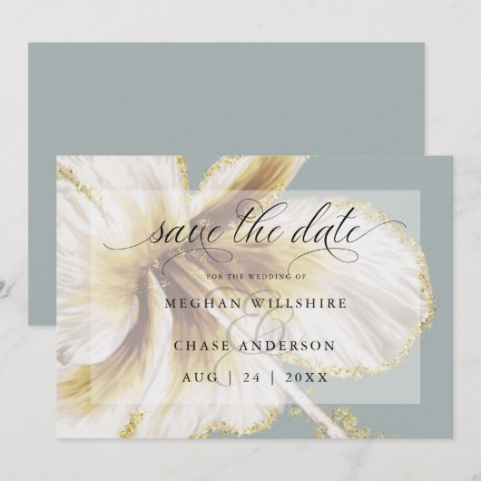Bleekgele en ivoorkleurige tropische bloem waterve save the date (Voorkant / Achterkant)