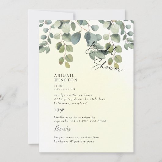 Bleekgele Eucalyptus Bruiloftsborrel met Zwik Kaart (Voorkant)