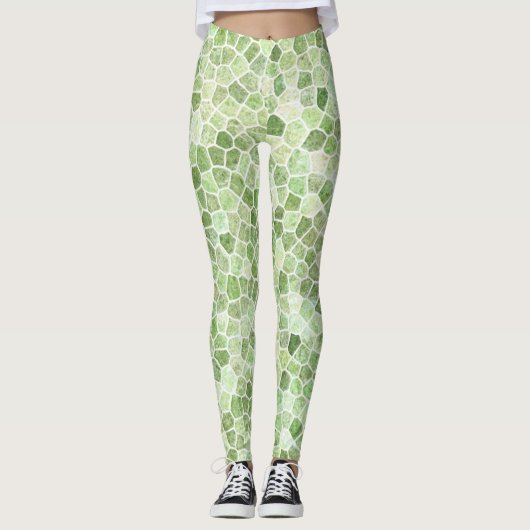 Bleekgroen Kasseien Patchwork Terrazzo Patroon Leggings (Voorkant)
