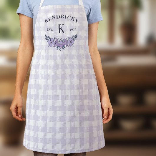 Bleekpaarse Gingham Bloemenfamilie Monogram Schort
