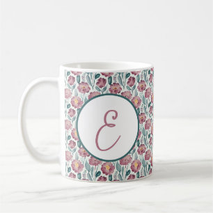 Bleekrode aquarel bloempatroon monogram koffiemok
