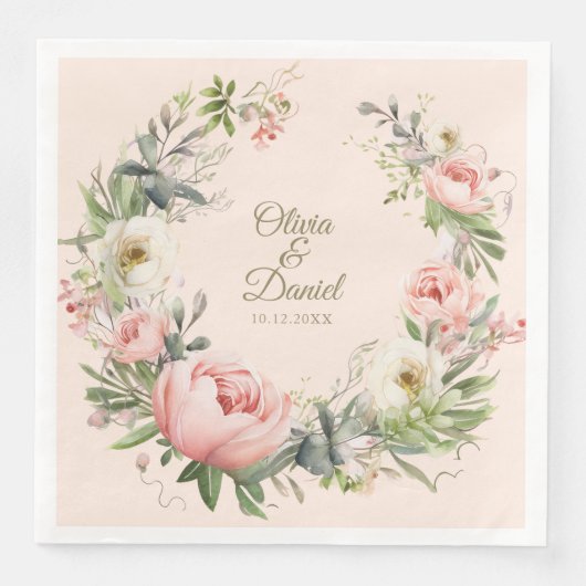 Bleekroze en Roze Bloemige Trouw  Servet (Voorkant)
