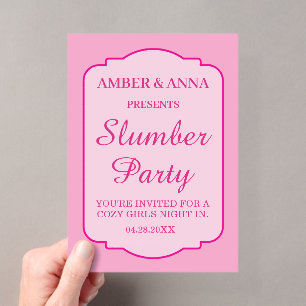 BLEEKROZE GEpersonaliseerde NAAM SLUMBERPARTY Acryl Uitnodigingen