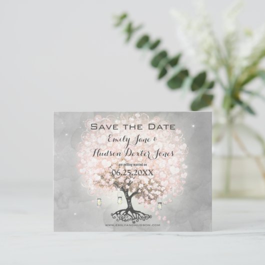 Bleekroze Hartblad Boom Bruiloft Aankondigingskaart (Staand voorkant)