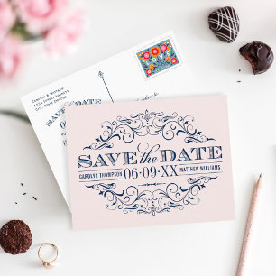 Bleekroze Marineblauwe Krulwerk Save the Date Aankondigingskaart