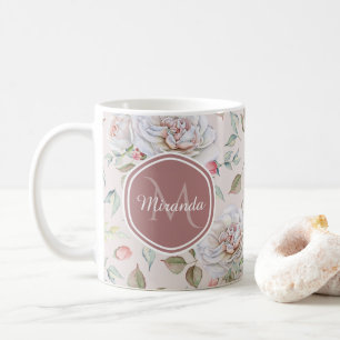 Bleekroze roospatroon met monogram en naam koffiemok