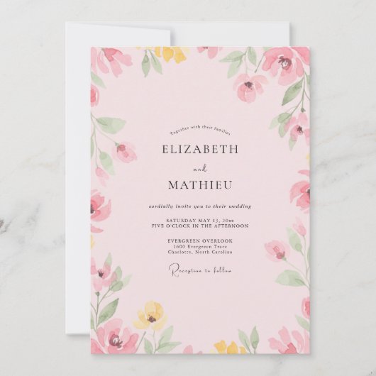 Bleekroze Wilde Bloemen Bruiloft Kaart (Voorkant)
