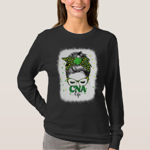 Bleekte Cna Life Messy Bun Leopard St Patricks Da T-shirt