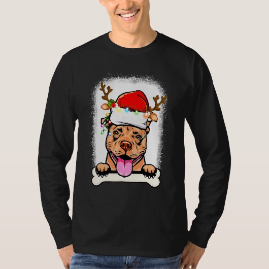 Bleekte Pitbull Santa Lights kersthond Reinde T-shirt (Voorkant)