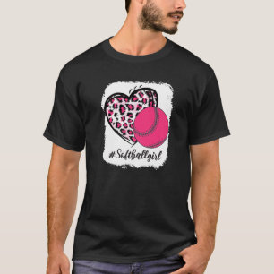 Bleekte Softball Girl Pink Leopard Print Heart T-shirt