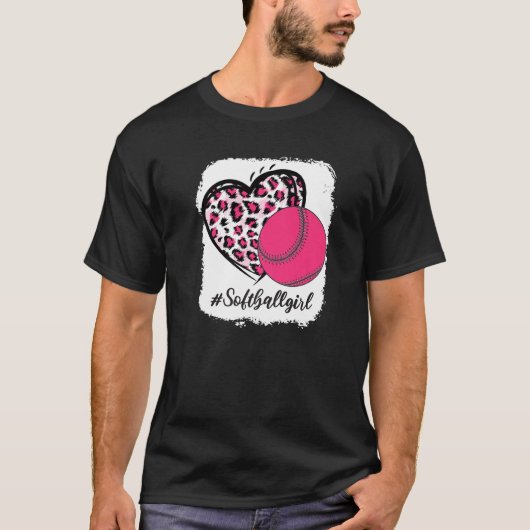 Bleekte Softball Girl Pink Leopard Print Heart T-shirt (Voorkant)