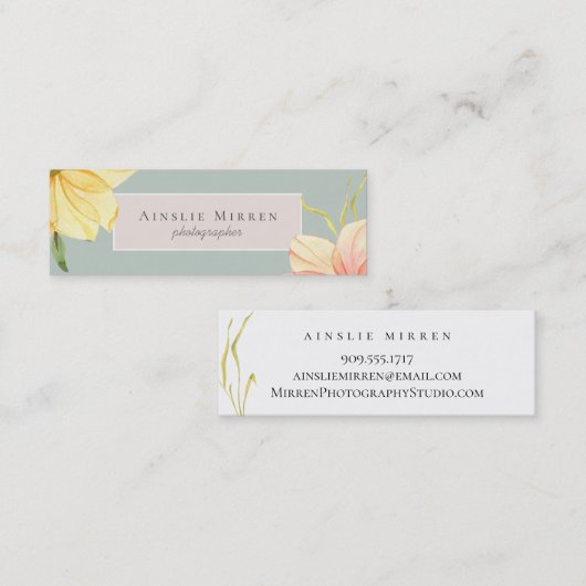 Bleke Aqua Blush Waterverf Floral Mini Visitekaartje (Voorkant / Achterkant)