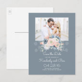 Bleke Blauw en Stoffig Roos Bloemen Save the Date Aankondigingskaart (Voorkant / Achterkant)