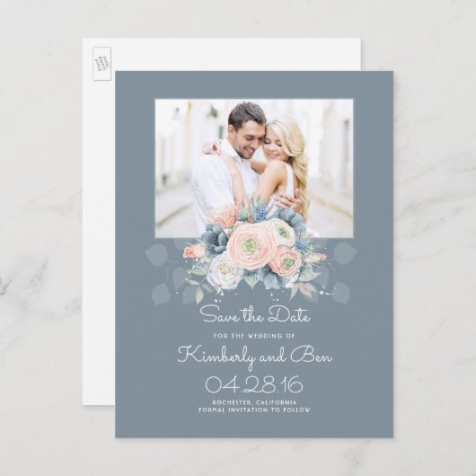 Bleke Blauw en Stoffig Roos Bloemen Save the Date Aankondigingskaart (Voorkant / Achterkant)