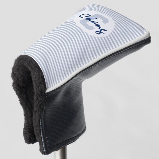 Bleke blauw grijs en witte strepen met monogram golfheadcover (3/4 voorkant)