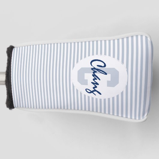 Bleke blauw grijs en witte strepen met monogram golfheadcover (Voorkant)
