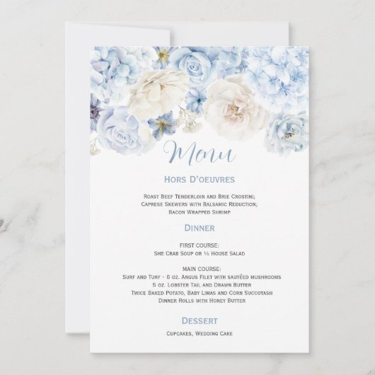 Bleke Blauw-Wit Bloemen Trouwmenu Kaart (Voorkant)
