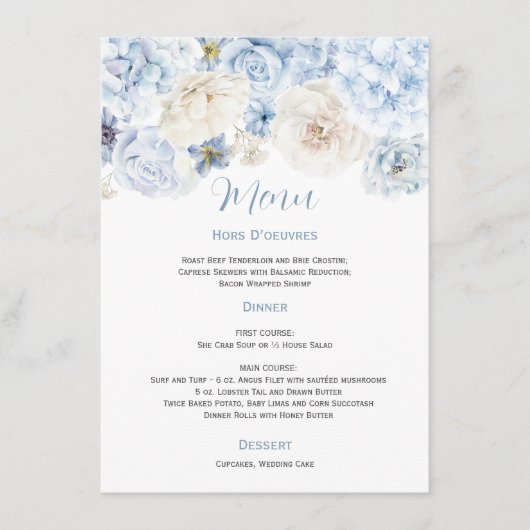 Bleke Blauw-Wit Bloemen Trouwmenu Menu (Voorkant)