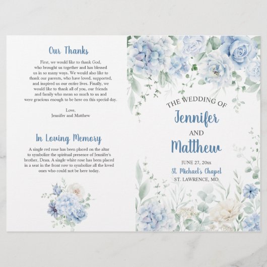 Bleke Blauw-Wit Bloemen Trouwprogramma (Voorkant)