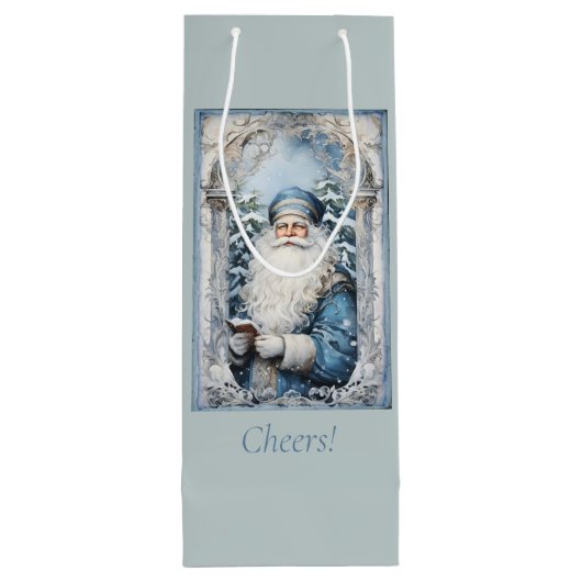 Bleke blauw-witte kerstman wijn cadeautas (Achterkant)