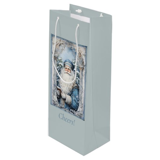 Bleke blauw-witte kerstman wijn cadeautas (Voorkant Gekanteld)