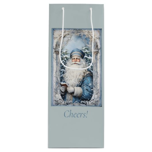 Bleke blauw-witte kerstman wijn cadeautas (Voorkant)