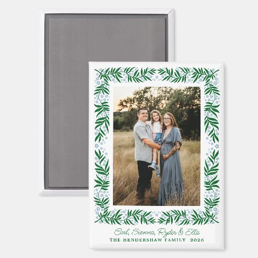 Bleke Blauwe en Groene Folk Art Floral Lijst en te Magneet (Voorkant / Achterkant)