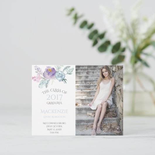 Bleke Blauwe Lavendel Bloemen Foto Afstuderen Aankondiging (Staand voorkant)