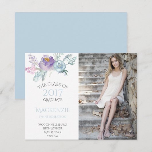 Bleke Blauwe Lavendel Bloemen Foto Afstuderen Aankondiging (Voorkant / Achterkant)