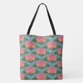 Bleke blauwe libellen, roze waterlelies, op blauw tote bag (Achterkant)