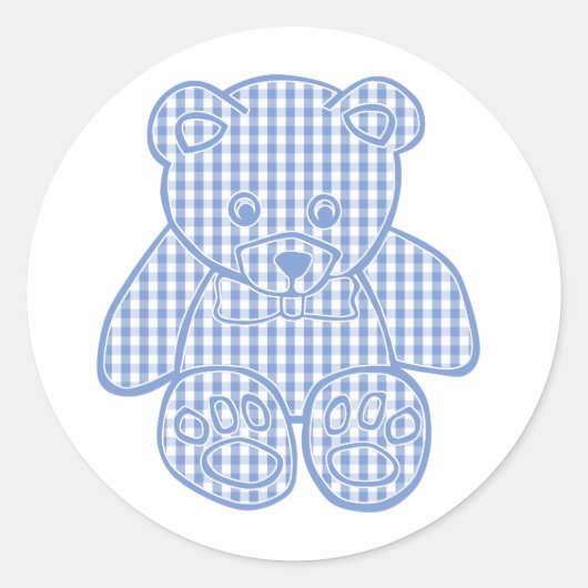 Bleke Blauwe Pastel Gingham Teddybeer Ronde Sticker (Voorkant)