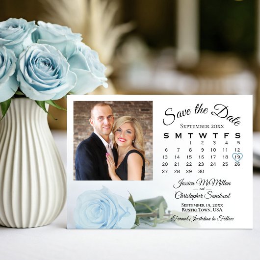 Bleke Blauwe Roos Elegante Trouwkalender & Foto Save The Date